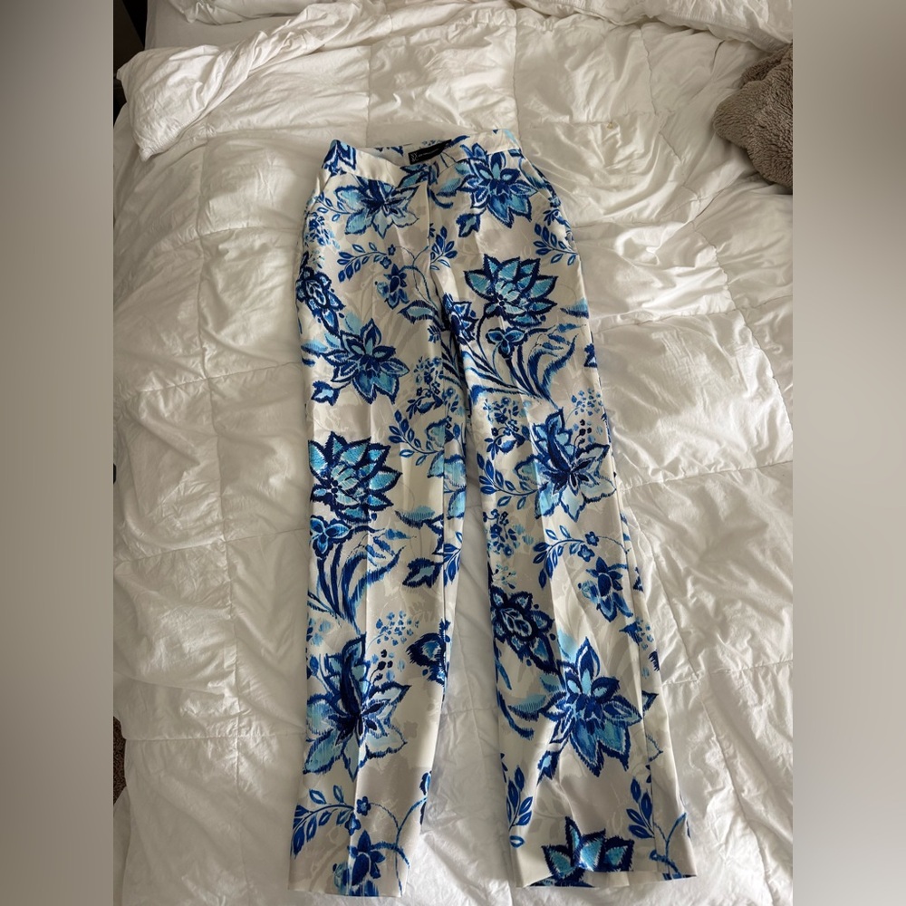 New York & Company White Dress Pants with Blue Floral Pattern